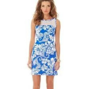 Lilly Pulitzer Marianne Shift Sun Dress Blue‎ Resort White Grid Eyelet Size 4